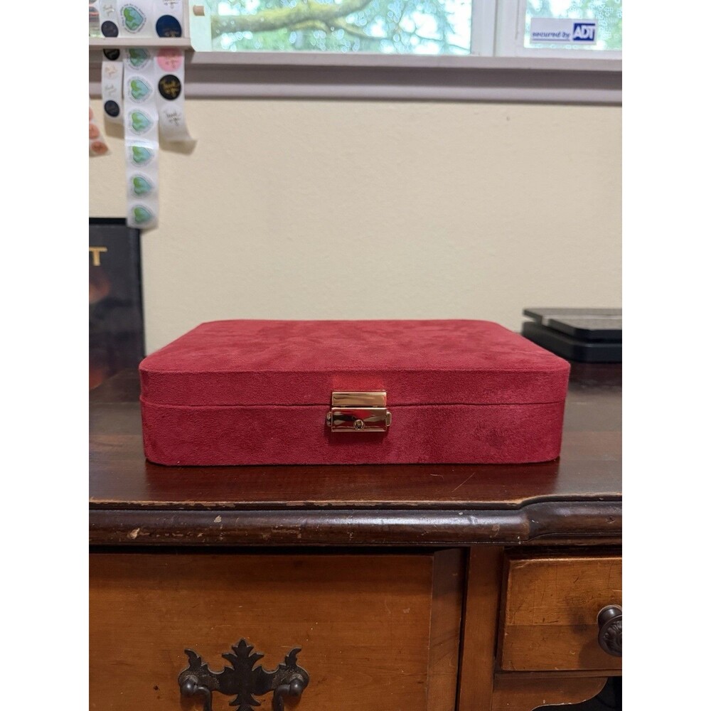 Vintage Red Jewelry Flat Box With Key & Inside Mirror